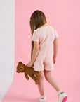 Salopeta din stofa roz pentru fetițe - Sara