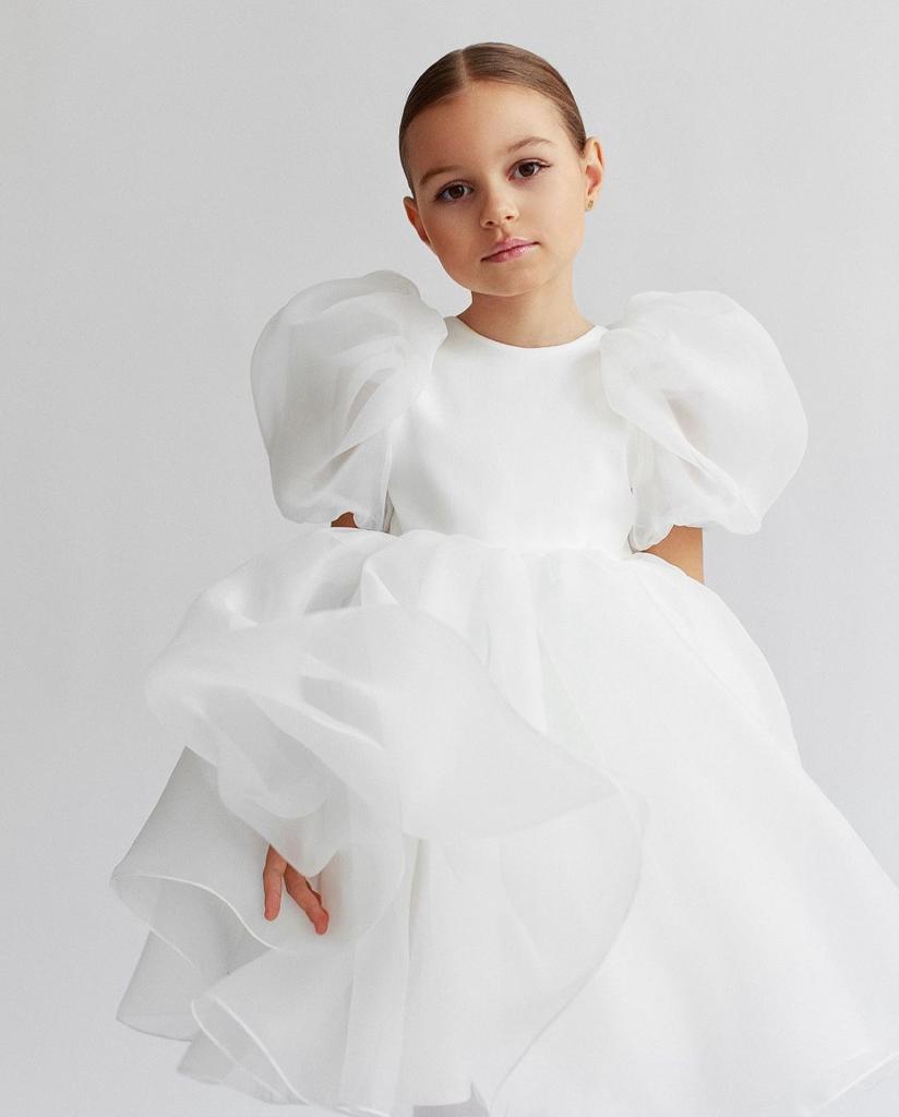 Rochie alba eleganta vaporoasa din organza pentru fete - Dina