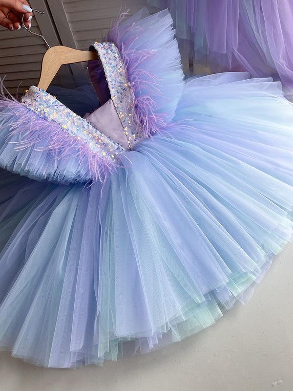 Rochie eleganta cu trena si fulgi naturali lila pentru fete - 10 ani