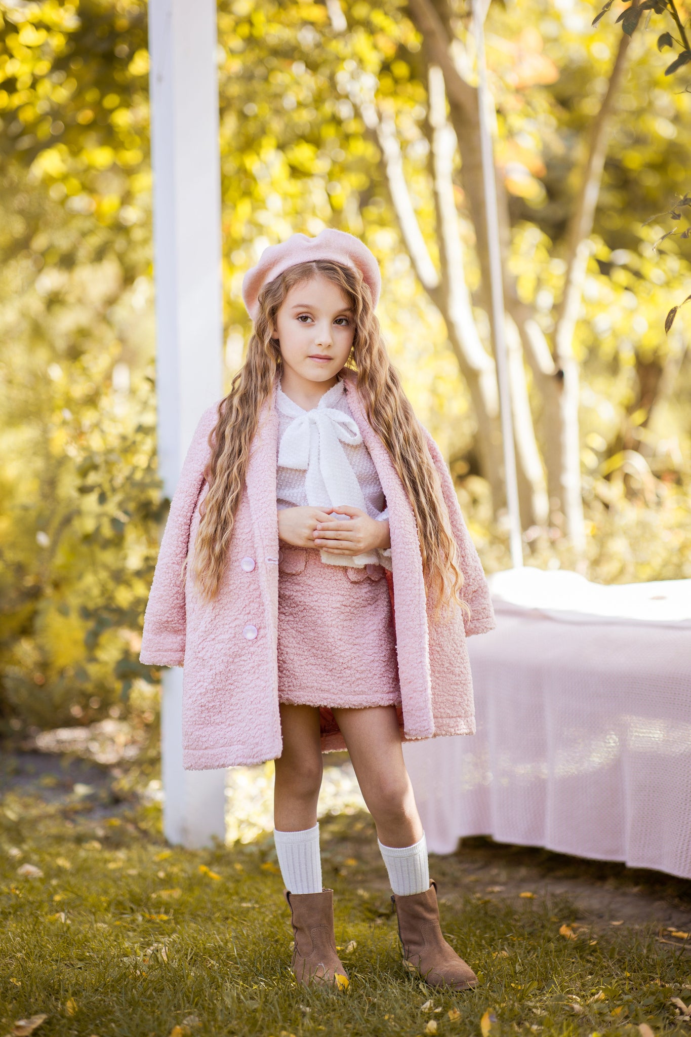 Palton roz casual din stofa boucle pentru fete - Ella - 0 | YEO