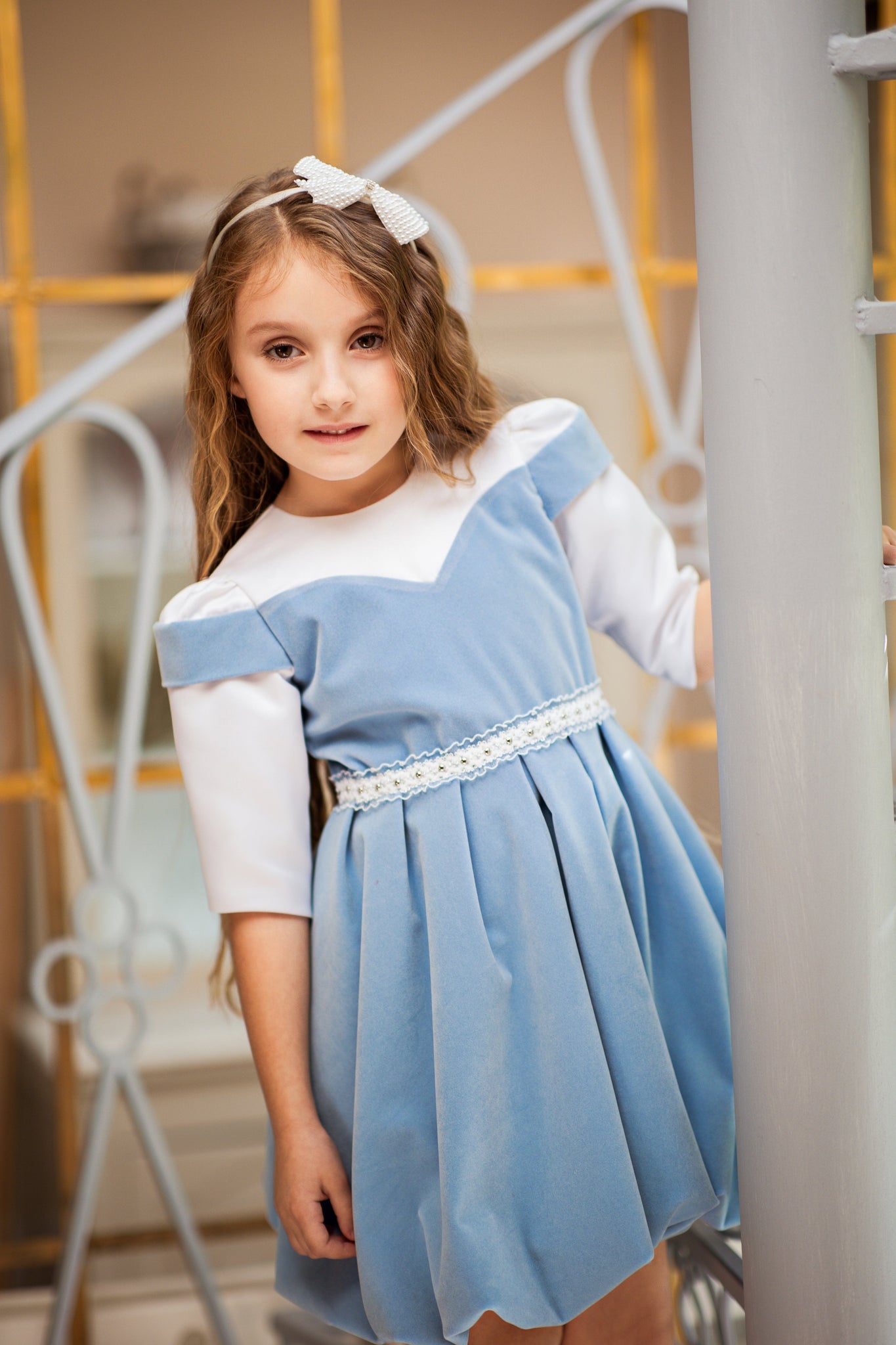 Rochie Eleganta Fete, din catifea bleu - 6 ani (produs disponibil in stoc)