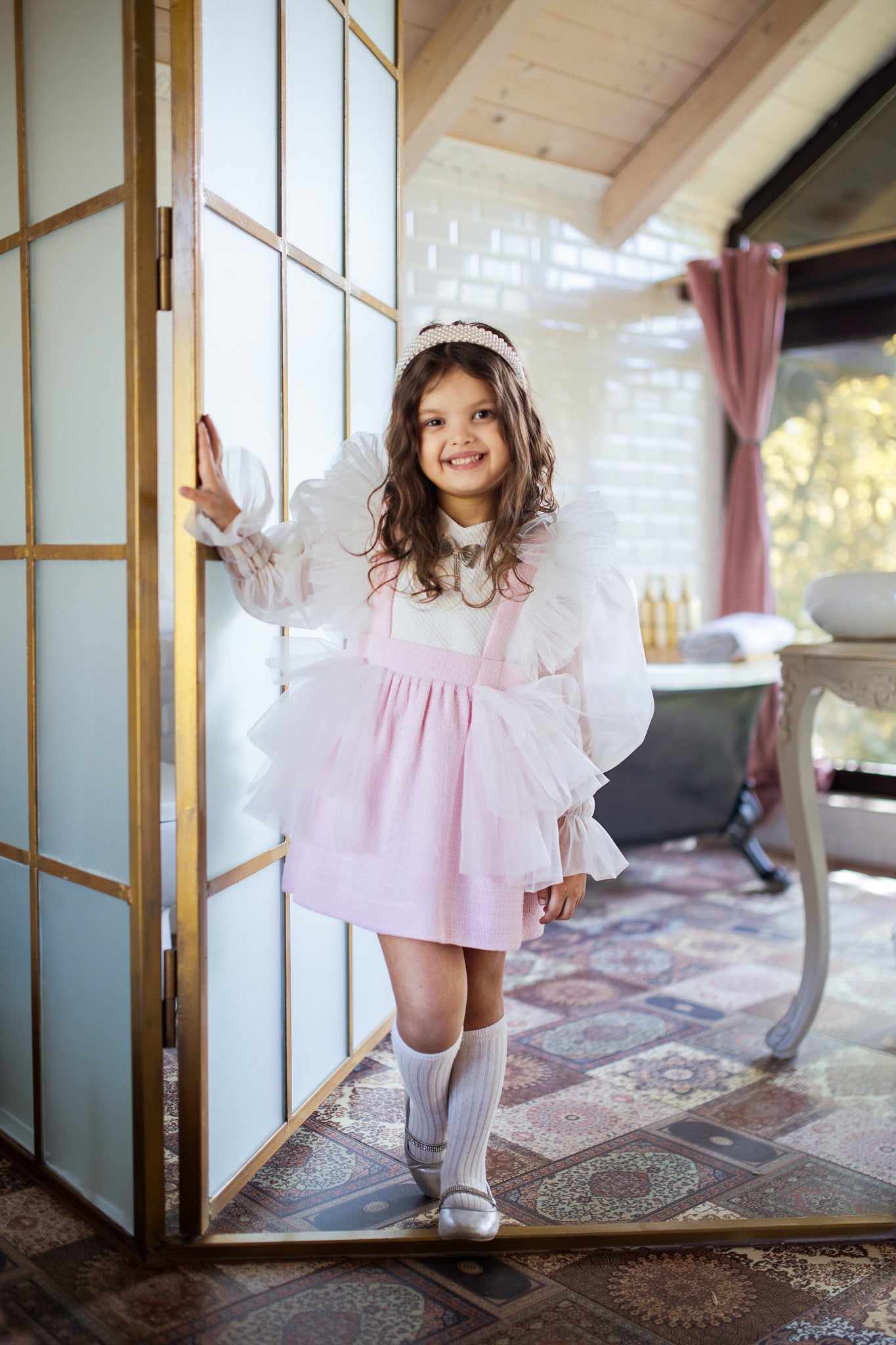 Rochie roz eleganta din stofa tweed si volane tulle alb pentru fete - Amy