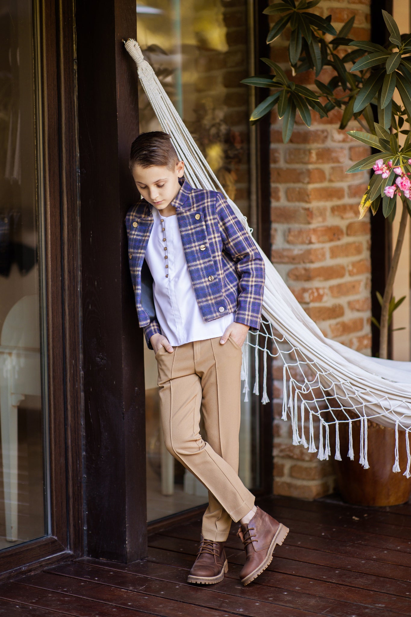 Costum Casual Baieti, sacou in carouri si pantalon bej din stofa - Eric