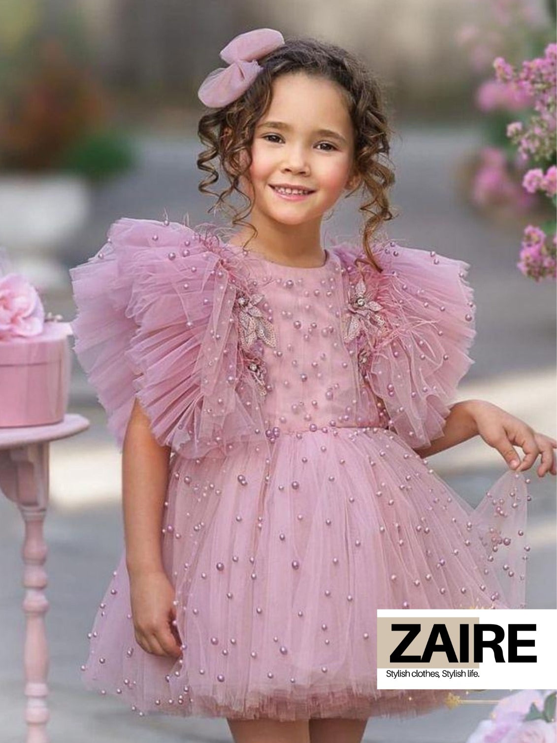 Rochie de ocazie din tull roz cu perle pentru fete - Melani
