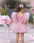 Rochie de ocazie din tull roz cu perle pentru fete - Melani