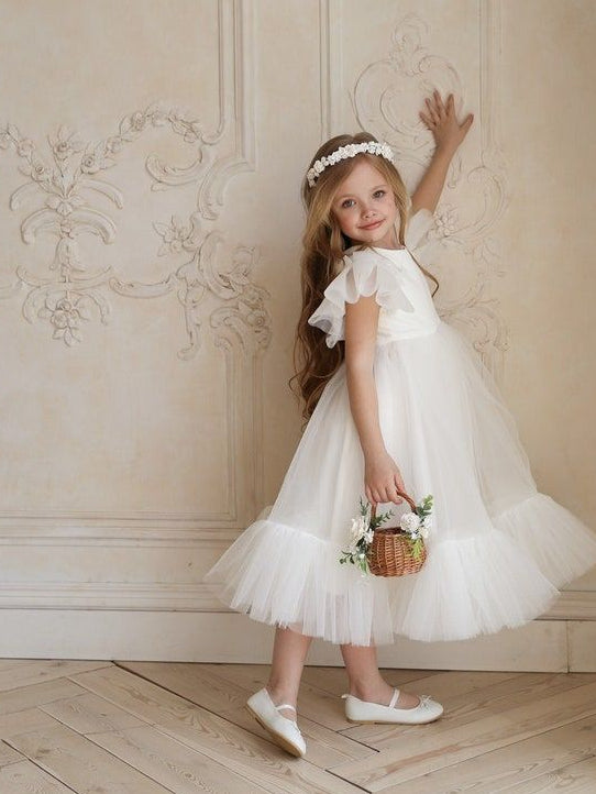 Rochie alba eleganta din tafta si tulle pentru fete - Mara