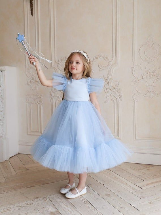 Rochie bleu eleganta din tafta si tulle pentru fete - Mara
